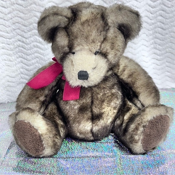 Danny Plush Teddy Bear 12” Sitting Faux Mink Animal Plush Bombay Russ Berrie Bow - Picture 1 of 10